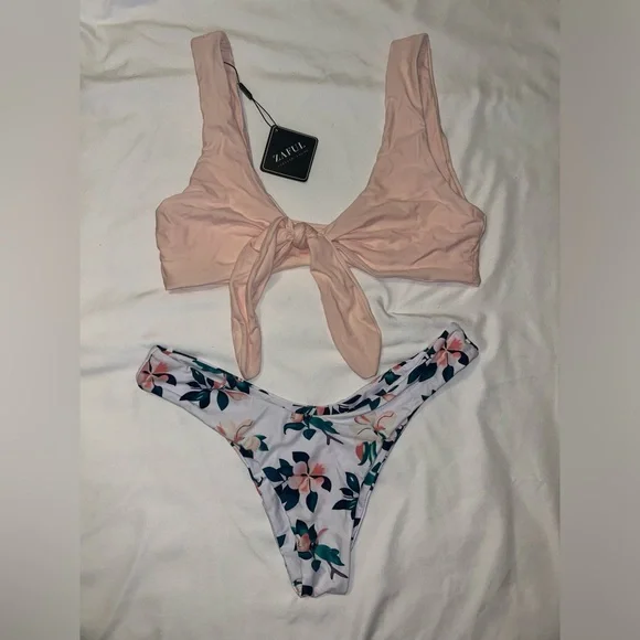 NWT ZAFUL Women's Floral Pink Tie Knot Front Bikini Set Large Swimsuit Two Piece - Picture 2 of 6